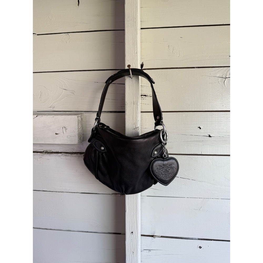 Juicy Couture Black Leather Shoulder Bag Heart Charm Y2K Hobo Bag RN52002